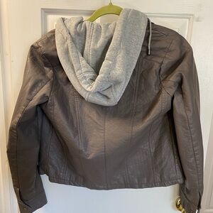 Women's Gray Faux Leather Jacket with Heather Gray Hood